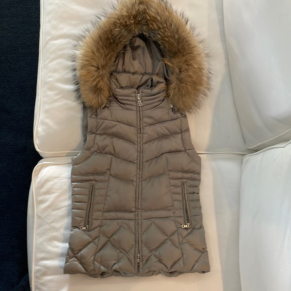 Bogner Taupe Quilted Down Vest with Fur-Trim Hood
